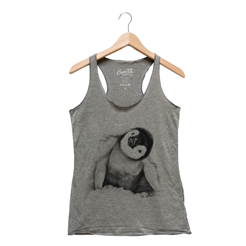 Penguin Tank Top, Women's Tank Top, Cute Animal Print, Baby Emperor Penguin, Triblend Racerback Tank Top, Hand Screen Print Grey