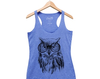 OWL Tank Top, Owl Shirt, Womens Shirt, Bird Tank Top, Racerback Tank Top, Hand Screen Print, Cute Shirt, Animal Shirt, Nature Shirt