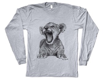Lion Cub Long Sleeve Tshirt, Mens Tshirt, Lion Cub Shirt, Cute Animal Tshirt, Graphic Tee, Hand Screen Print, Cute Tshirt, Animal Shirt