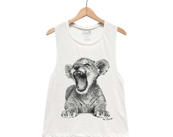 Lion Cub Tank Top, Women's Flowy Scoop Muscle Tank, Muscle Tee, Cute Animal Shirt, Gift Idea, Summer Shirt, White Tank, Funny