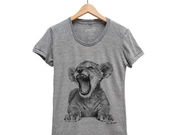 Lion Tshirt, Womens Junior Tshirt, Lion Cub Shirt, Cute Animal Tshirt, Graphic Tee, Hand Screen Print, Cute Tshirt, Animal Shirt