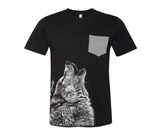 Wolf T Shirt, Men's T-shirt, Pocket Tshirt, Unisex Shirt, Crew Neck, Cotton T-shirt, Howling Wolf, Wolves Tshirt, Animal Print Tshirt