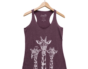 Giraffe Tank Top, Women's Tank Top, Cute Animal Tee, Graphic, Triblend Racerback Tank Top, Hand Screen Print, Friend Gift, White Tank Top
