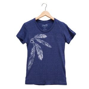 Womens Junior Shirt, Feather Shirt, Summer Tshirt, Short Sleeve Shirt, Graphic Tee, Cute Shirt, Birthday Gift, Nature Shirt, Bird Shirt Navy