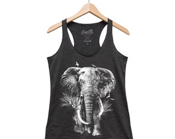 Elephant Tank Top, Ladies Tank Top, Triblend Racerback Tank Top, Hand Screen Print, Animal Print Shirt, Fashion Tank Top, Screen Print Shirt