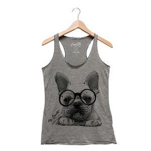 May include: Gray tank top with a black and white illustration of a French bulldog wearing round glasses. The text "by Couyth" is printed on the bottom left of the image.