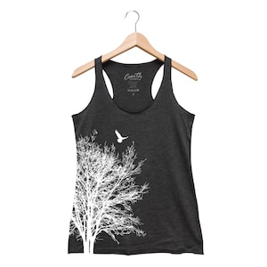 Tree Shirt, Nature Shirt,  Tree Tank Top, Racerback Tank Top, Summer Shirt, Camping Shirt, Bird Shirt, Black Tank Top, Graphic Tee