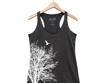 Tree Shirt, Nature Shirt,  Tree Tank Top, Racerback Tank Top, Summer Shirt, Camping Shirt, Bird Shirt, Black Tank Top, Graphic Tee