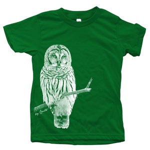 Kids Owl T-shirt: Screen Print Cotton Bird Tee Kelly Green