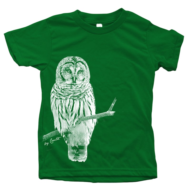Kids Owl T-shirt: Screen Print Cotton Bird Tee Kelly Green
