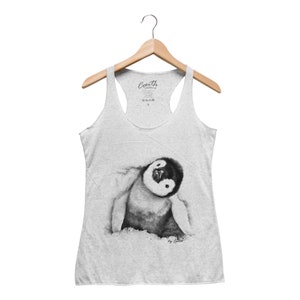 Penguin Tank Top, Women's Tank Top, Cute Animal Print, Baby Emperor Penguin, Triblend Racerback Tank Top, Hand Screen Print White