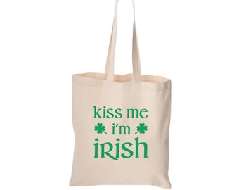 Saint Patricks Day tote bag, Kiss Me I'm Irish, cute bag, grocery bag, market bag, cotton bag, beach bag, Christmas gift, Birthday gift