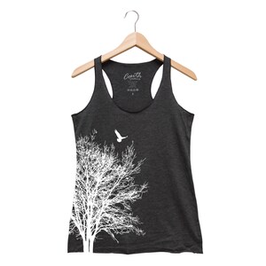 Tree Shirt, Nature Shirt, Tree Tank Top, Racerback Tank Top, Summer Shirt, Camping Shirt, Bird Shirt, Black Tank Top, Graphic Tee Charcoal Black