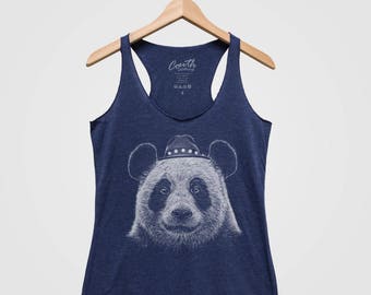 Panda Women Tank Top Funny Animal Print Graphic Shirt Triblend Racerback Hand Screen Printed