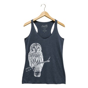Owl Women&#39;s Tank Top, Gift for Women, Bird Tank Top, Triblend Racerback Tank Top, Hand Screen Print, Cute Animal Print Graphic Tee