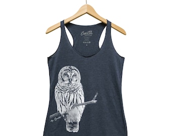 Owl Women's Tank Top, Gift for Women, Bird Tank Top, Triblend Racerback Tank Top, Hand Screen Print, Cute Animal Print Graphic Tee