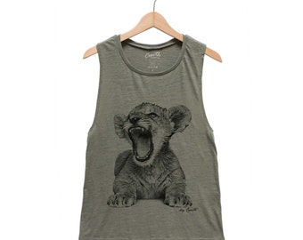 Lion Cub Tank Top, Women's Flowy Scoop Muscle Tank, Muscle Tee, Cute Animal Shirt, Gift Idea, Summer Shirt, White Tank, Funny