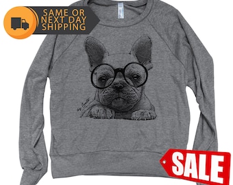 Women Pullover FRENCH BULLDOG Sweater Tri-Blend Light Weight Raglan Shirt Hand Screen Printed Gift for Dog Lover Frenchie Cute Animal