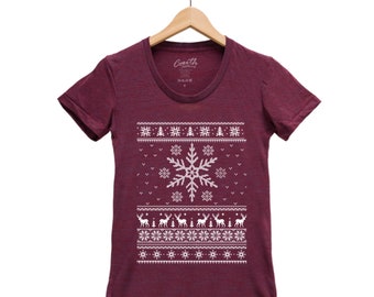 UGLY SWEATER Christmas Shirt Women Custom Hand Screen Print Tri-Blend Short Sleeve Tshirt Available: S, M, L, XL