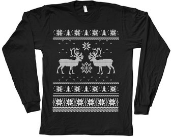 Mens Christmas Ugly Sweater Tshirt Hand Screen Print  Crew Neck Long Sleeve tshirt