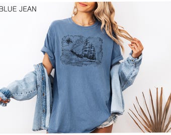 Sailing Ship T-Shirt: Compass Map Graphic, Cotton Crew Neck