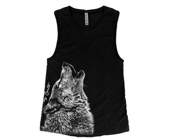 Wolf Womens Cotton Tank Top, Animal Graphic Tee for Girl, Workout Yoga Muscle Tee, Black Tank Top Animal Shirt, Screen Print Gift for Her