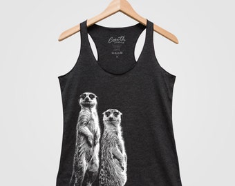 Meerkat tank top, women’s racer back top, graphic tee, gift for women, cute animal print, triblend, screen print, black shirt, womens shirt