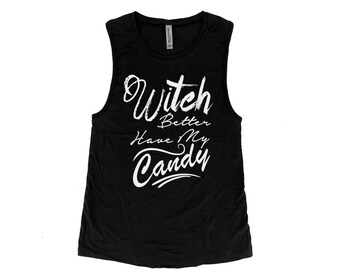 Womens Halloween Muscle Tank Top, Women Cotton Tank Top, Halloween Witch Costume Shirt, Black Tank Top, Candy Shirt, Gothic, Funny Shirt