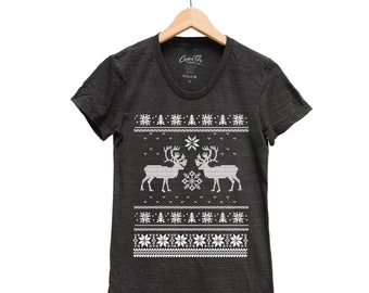Ugly Sweater Junior Tshirt, Christmas Shirt, Funny Tshirt, Christmas Gift, Holiday Shirt, Reindeer Shirt, Animal Shirt, Snowflakes