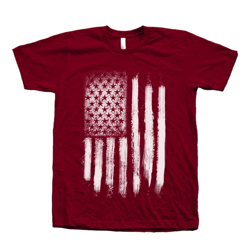 Mens red short sleeve crew neck tshirt with screen print distressed American Flag design for 4th of July