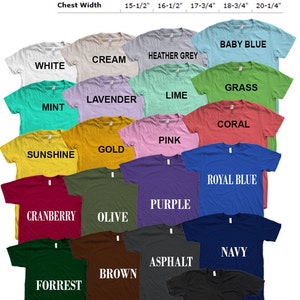 May include: Size chart for women's shirts with measurements in inches. The chart shows 10 different shirt colors: white, cream, heather grey, baby blue, mint, lavender, lime, grass, coral, pink, gold, sunshine, cranberry, olive, purple, royal blue, navy, asphalt, brown, forrest, and black.