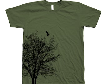 T-shirt albero, T-shirt unisex, T-shirt da uomo, Camicia naturale, T-shirt verde, T-shirt naturale, T-shirt uccello, 100% cotone, Grafica, Camicia estiva