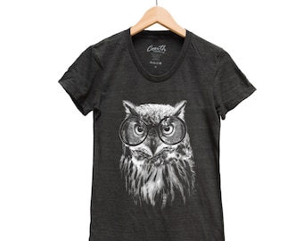 OWL Graphic Tee Shirt Women Screen Print Tri-Blend Short Sleeve Tshirt Available: S, M, L, XL