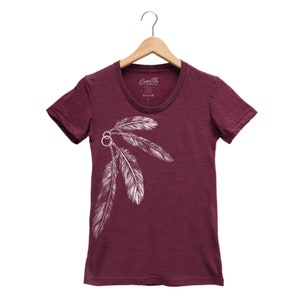 Womens Junior Shirt, Feather Shirt, Summer Tshirt, Short Sleeve Shirt, Graphic Tee, Cute Shirt, Birthday Gift, Nature Shirt, Bird Shirt Maroon