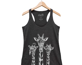 Giraffe Tank Top, Women Animal Shirt, Graphic Tee, Triblend Racerback Top, Hand Screen Print, Cute Animal Print, Funny Gift for Friend