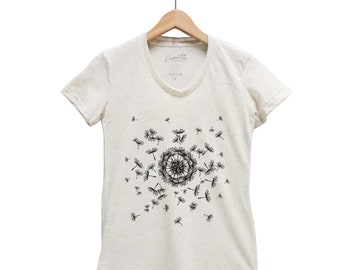 Dandelion Shirt, Women's Junior T-shirt, Scoop Neck, Custom Hand Screen Print, Tri-Blend Graphic Tee, Short Sleeve Tshirt, Fying Seed