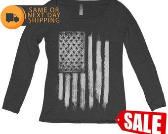 American Flag Women's Tri Blend Long Sleeve Scoop Neck Hand Screen Print
