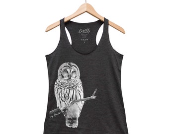 Owl tank top, women’s racer back top, bird print tee, graphic, gift for women, cute animal print, triblend, screen print, black shirt