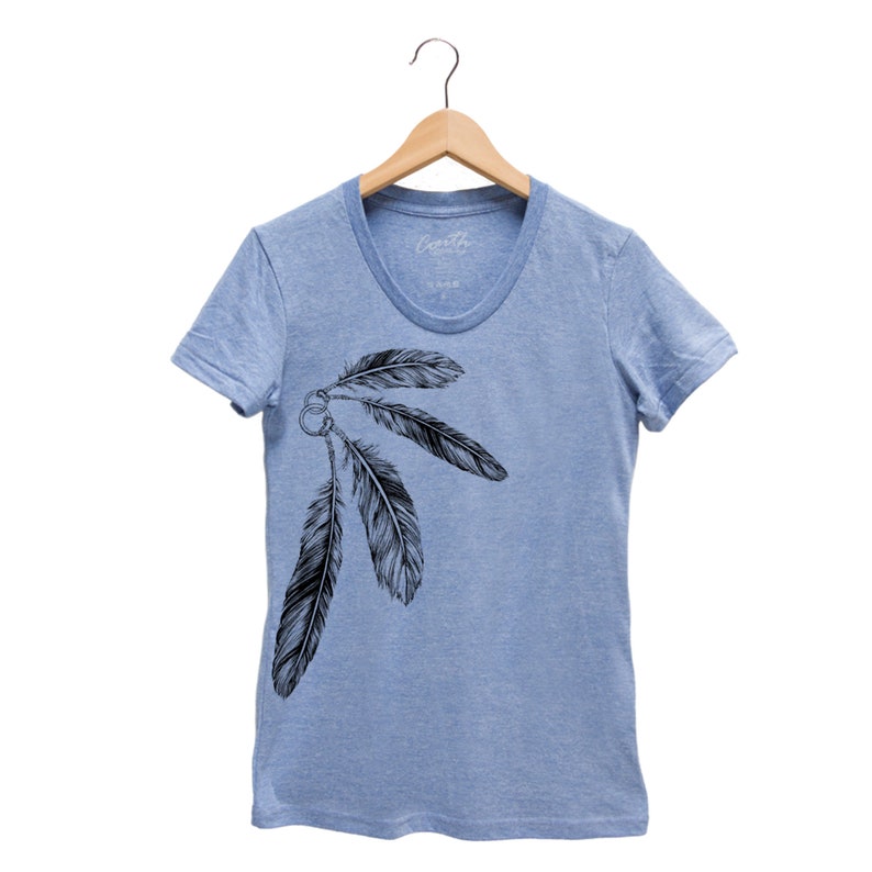 Womens Junior Shirt, Feather Shirt, Summer Tshirt, Short Sleeve Shirt, Graphic Tee, Cute Shirt, Birthday Gift, Nature Shirt, Bird Shirt Blue
