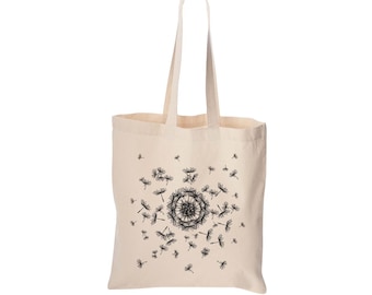 Flower Tote Bag, Dandelion Bag, Grocery Bag, Reusable Bag, Shopping Bag, Cotton Bag, Beach Bag, Christmas Gift, Birthday Gift