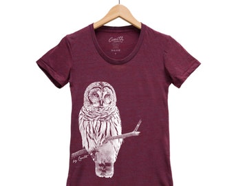 Owl Shirt, Womens Junior Tshirt, Bird Shirt, Summer Shirt, Screenprint Shirt, Animal Shirt, Birthday Gift, Graphic Tee