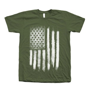 Mens green short sleeve crew neck tshirt with screen print distressed American Flag design for 4th of July