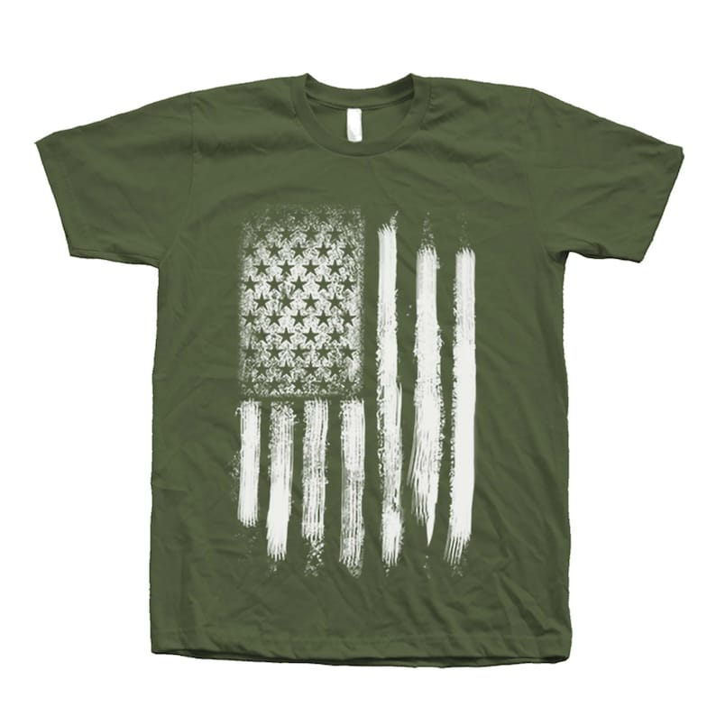 Mens green short sleeve crew neck tshirt with screen print distressed American Flag design for 4th of July