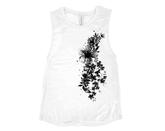 Womens Tank Top with Flower, Graphic Tee for Girl, Gift for Mothers Day, Women Muscle Tank Workout Yoga Top, Summer Sleeveless Shirt