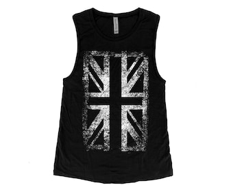 Union Jack Tank Top, Womens Tank Top, Flag Apparel, Flag Clothing, UK Flag, Muscle Tee, Hand Screen Print, Gift For Women, Black Shirt