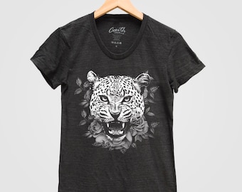 LEOPARD Shirt Women Junior Tshirt Custom Hand Screen Print Tri-Blend Short Sleeve Tshirt Available: S, M, L, XL