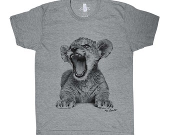 Lion Tshirt, Mens Graphic Tee, Custom Hand Screen Print, Tri-Blend Short Sleeve, Lion Cub Tshirt, Animal T-shirt, Unisex Shirt