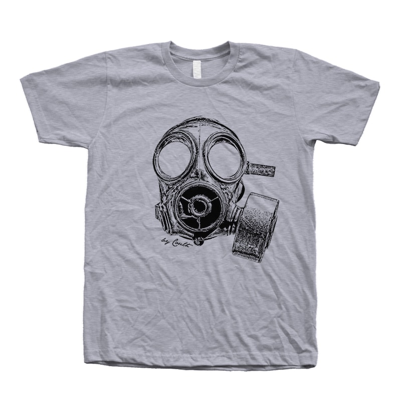Mens Shirt, Unisex Tshirt, Vintage Gas Mask, Crew Neck Tshirt, Steampunk, Funny Shirt, Military Shirt, Birthday Gift, Graphic Tee Heather Grey