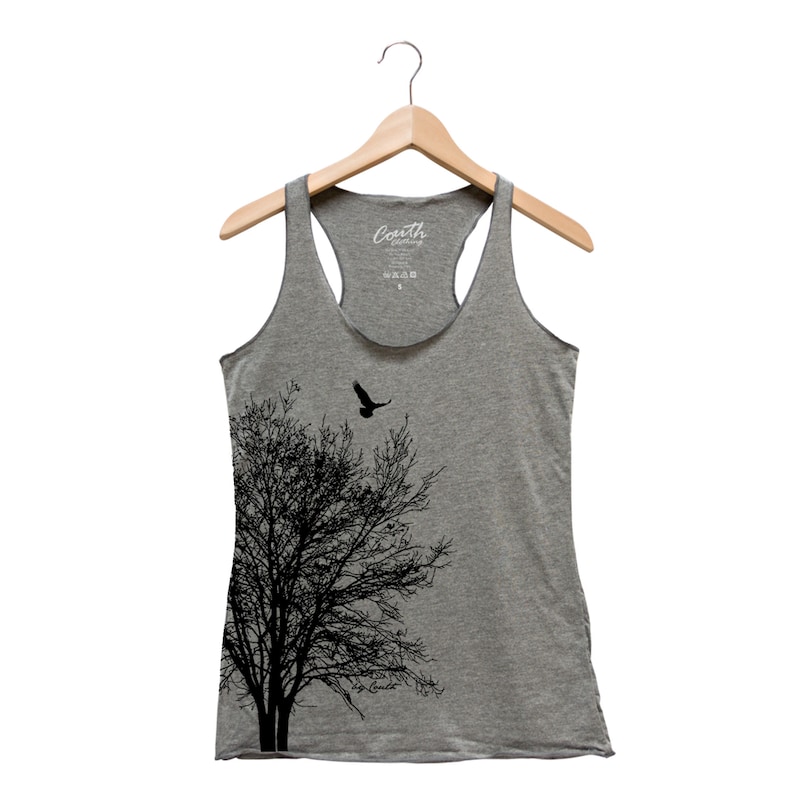 Tree Shirt, Nature Shirt, Tree Tank Top, Racerback Tank Top, Summer Shirt, Camping Shirt, Bird Shirt, Black Tank Top, Graphic Tee Grey