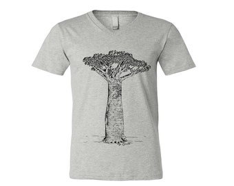 Men Tshirt, Tree Tshirt, Baobab Tree Tshirt, Screen Print Shirt, V-Neck Tshirt, Gift for Dad, Gift for Men, Black T-shirt, Tree Shirt